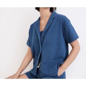Madewell Indigo Terry Camp Shirt XL Blue Button Front Short Sleeve Collared Top
